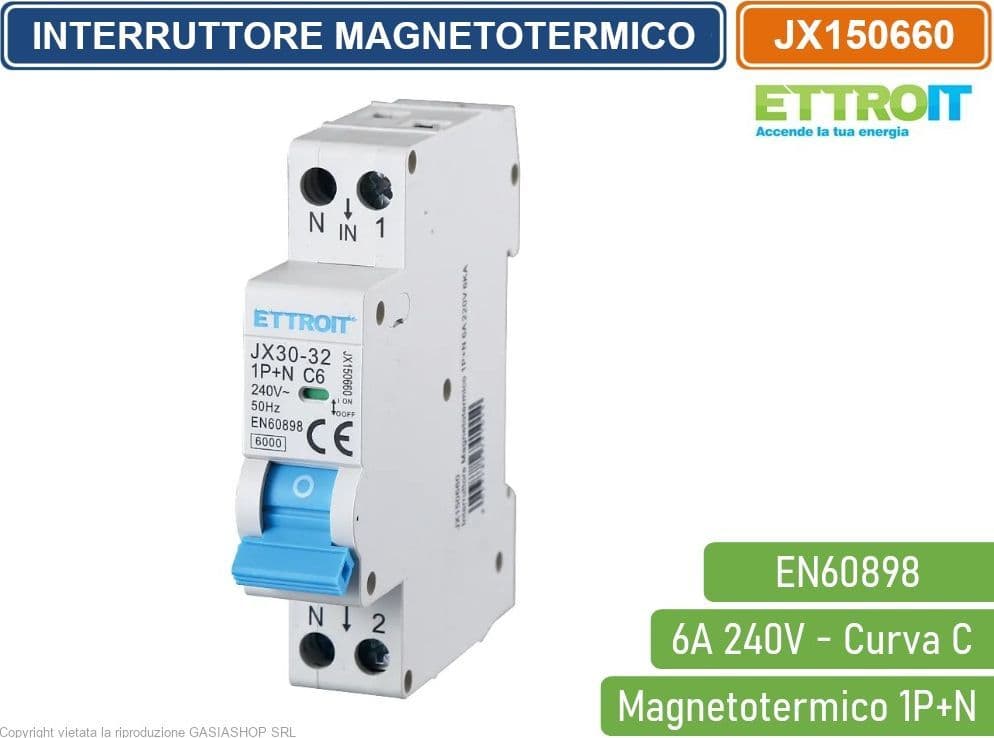 ETTROIT INTERRUTTORE MEGNETOTERMICO PER BARRA DIN 1 MODULO 1P+N 240V CURVA C 6KA 6A - 4