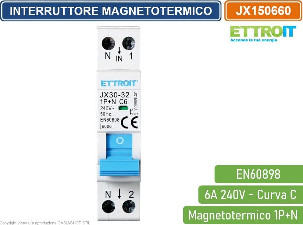 ETTROIT INTERRUTTORE MEGNETOTERMICO PER BARRA DIN 1 MODULO 1P+N 240V CURVA C 6KA 6A - 2