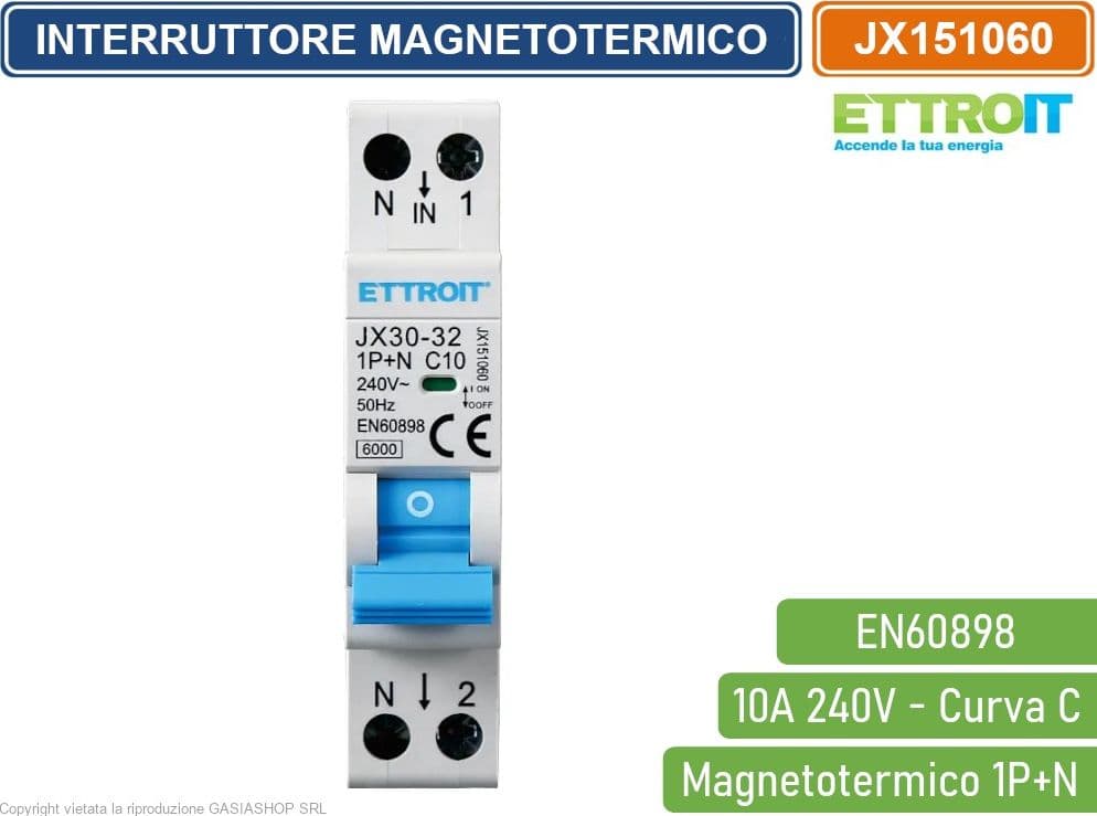 ETTROIT INTERRUTTORE MEGNETOTERMICO PER BARRA DIN 1 MODULO 1P+N 240V CURVA C 6KA 10A - 2