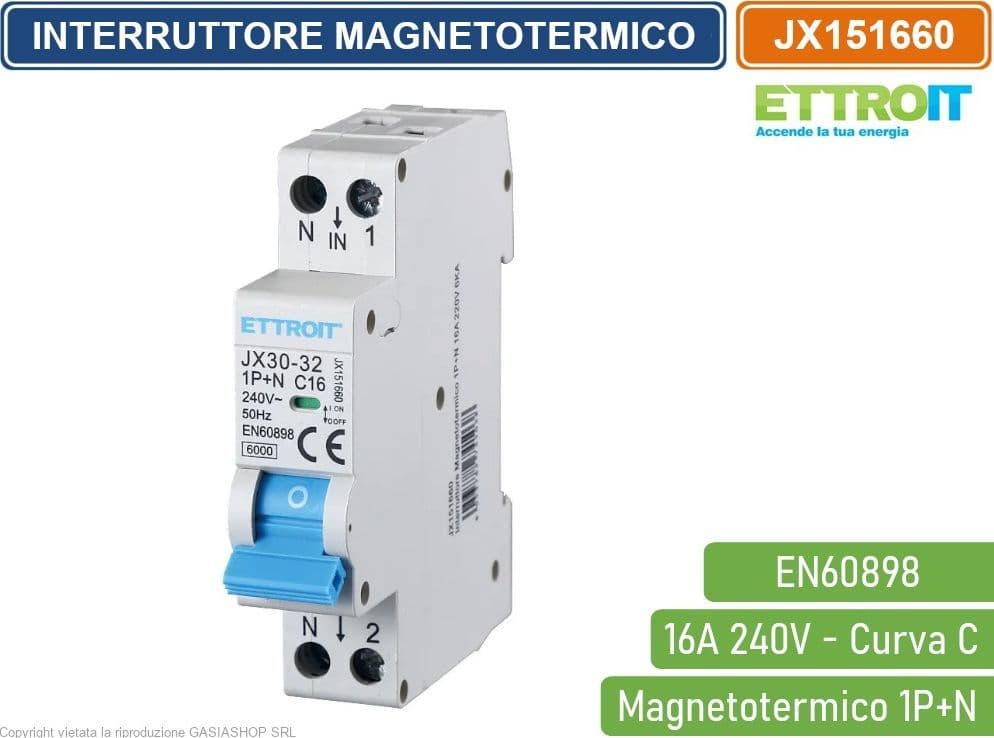 ETTROIT INTERRUTTORE MEGNETOTERMICO PER BARRA DIN 1 MODULO 1P+N 240V CURVA C 6KA 16A - 4