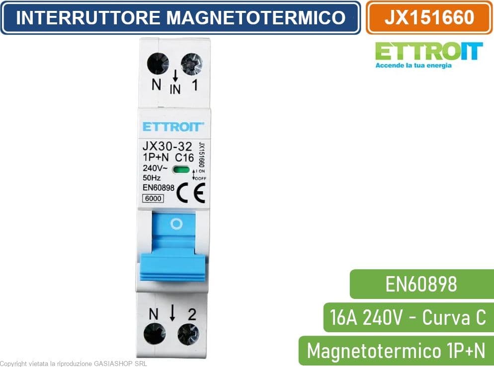ETTROIT INTERRUTTORE MEGNETOTERMICO PER BARRA DIN 1 MODULO 1P+N 240V CURVA C 6KA 16A - 2