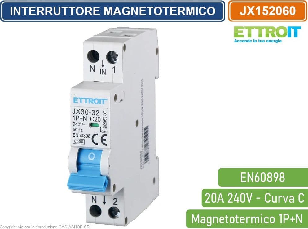 ETTROIT INTERRUTTORE MEGNETOTERMICO PER BARRA DIN 1 MODULO 1P+N 240V CURVA C 6KA 20A