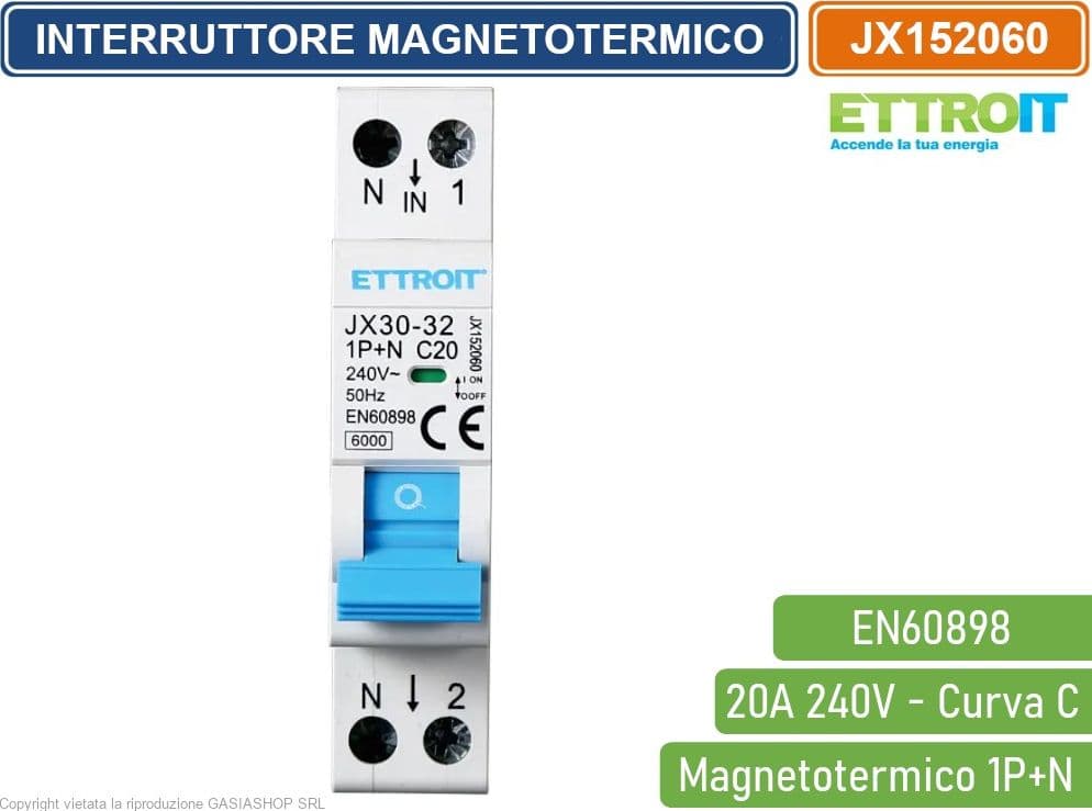 ETTROIT INTERRUTTORE MEGNETOTERMICO PER BARRA DIN 1 MODULO 1P+N 240V CURVA C 6KA 20A - 2