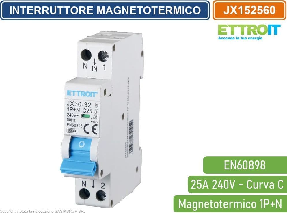ETTROIT INTERRUTTORE MEGNETOTERMICO PER BARRA DIN 1 MODULO 1P+N 240V CURVA C 6KA 25A - 4