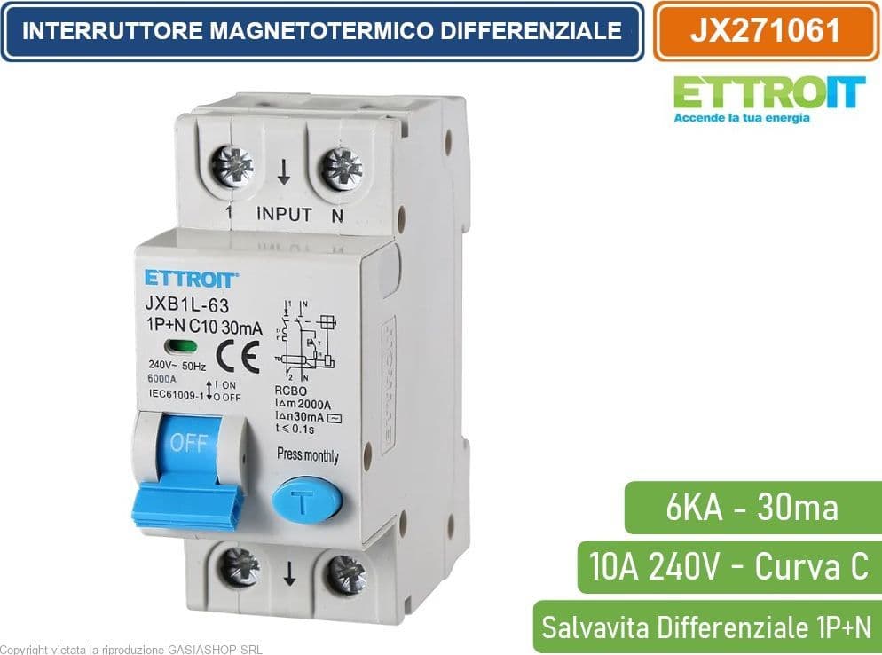 ETTROIT INTERRUTTORE MAGNETOTERMICO DIFFERENZIALE SALVAVITA PER BARRA DIN 2 MODULI 1P+N 10A C10 240V 30mA 6KA - 4