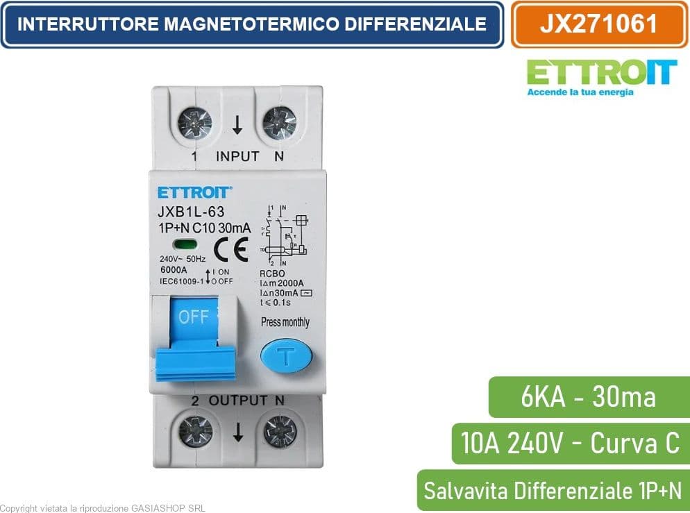 ETTROIT INTERRUTTORE MAGNETOTERMICO DIFFERENZIALE SALVAVITA PER BARRA DIN 2 MODULI 1P+N 10A C10 240V 30mA 6KA - 2