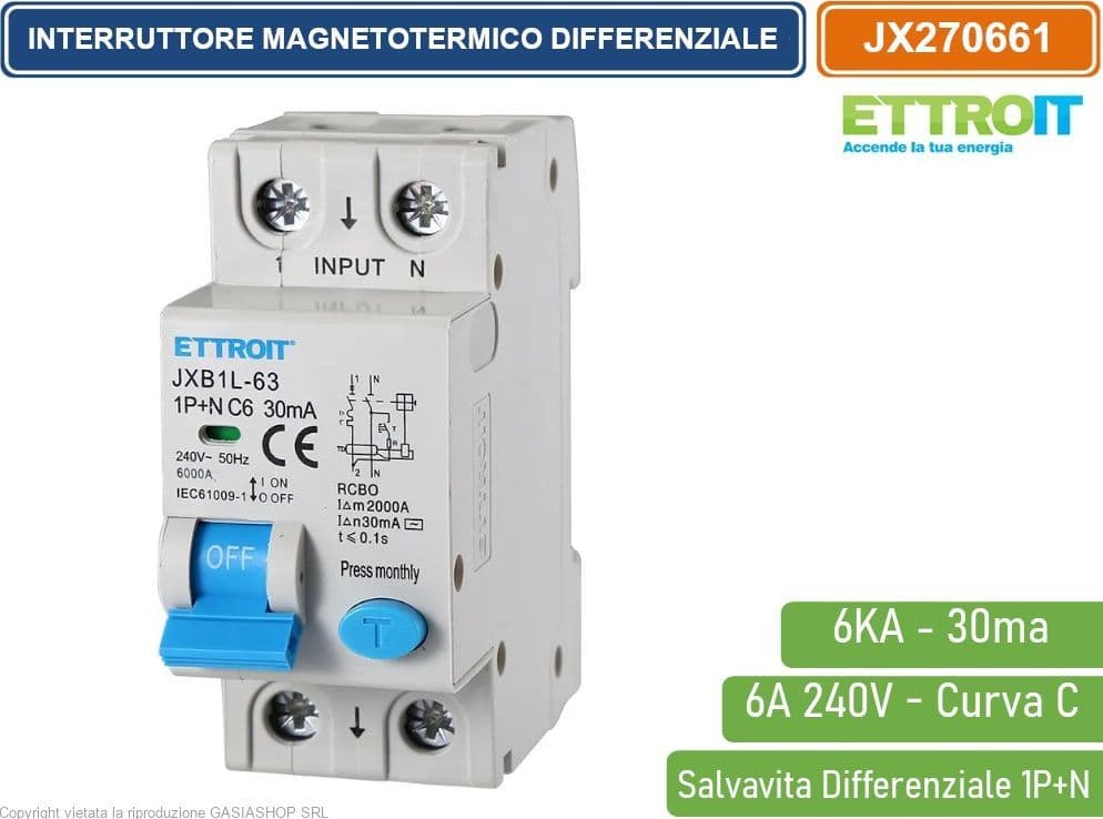 ETTROIT INTERRUTTORE MAGNETOTERMICO DIFFERENZIALE SALVAVITA PER BARRA DIN 2 MODULI 1P+N 6A C6 240V 30mA 6KA - 4