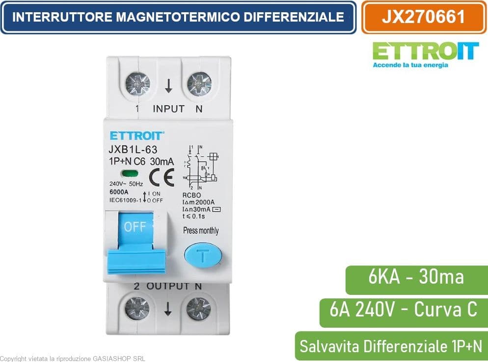 ETTROIT INTERRUTTORE MAGNETOTERMICO DIFFERENZIALE SALVAVITA PER BARRA DIN 2 MODULI 1P+N 6A C6 240V 30mA 6KA - 2