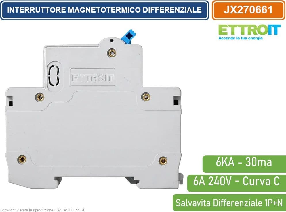ETTROIT INTERRUTTORE MAGNETOTERMICO DIFFERENZIALE SALVAVITA PER BARRA DIN 2 MODULI 1P+N 6A C6 240V 30mA 6KA - 3