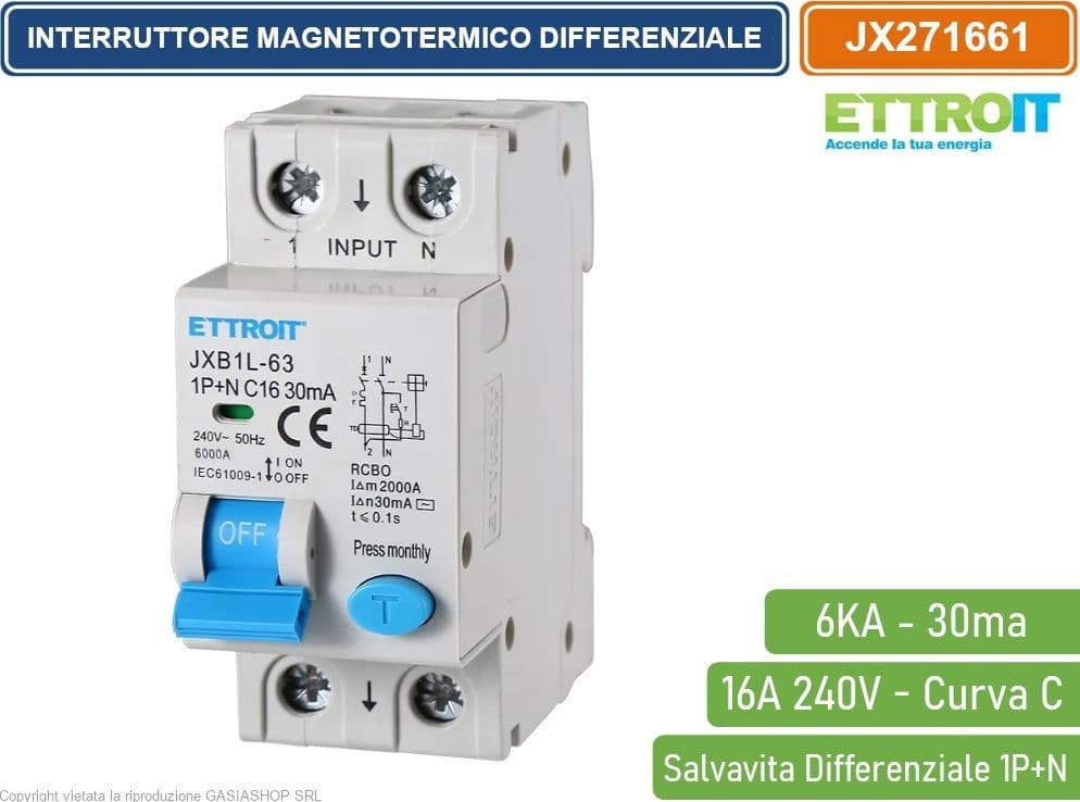 ETTROIT INTERRUTTORE MAGNETOTERMICO DIFFERENZIALE SALVAVITA PER BARRA DIN 2 MODULI 1P+N 16A C16 240V 30mA 6KA - 4