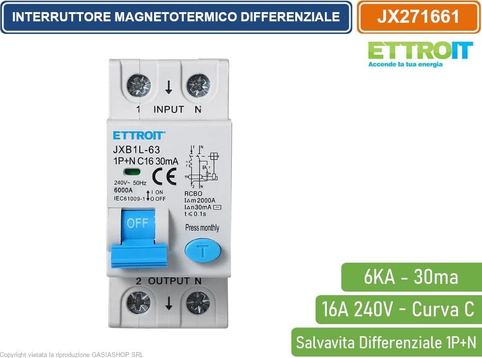 ETTROIT INTERRUTTORE MAGNETOTERMICO DIFFERENZIALE SALVAVITA PER BARRA DIN 2 MODULI 1P+N 16A C16 240V 30mA 6KA - 2