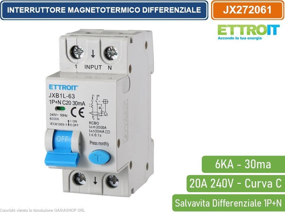 ETTROIT INTERRUTTORE MAGNETOTERMICO DIFFERENZIALE SALVAVITA PER BARRA DIN 2 MODULI 1P+N 20A C20 240V 30mA 6KA - 4