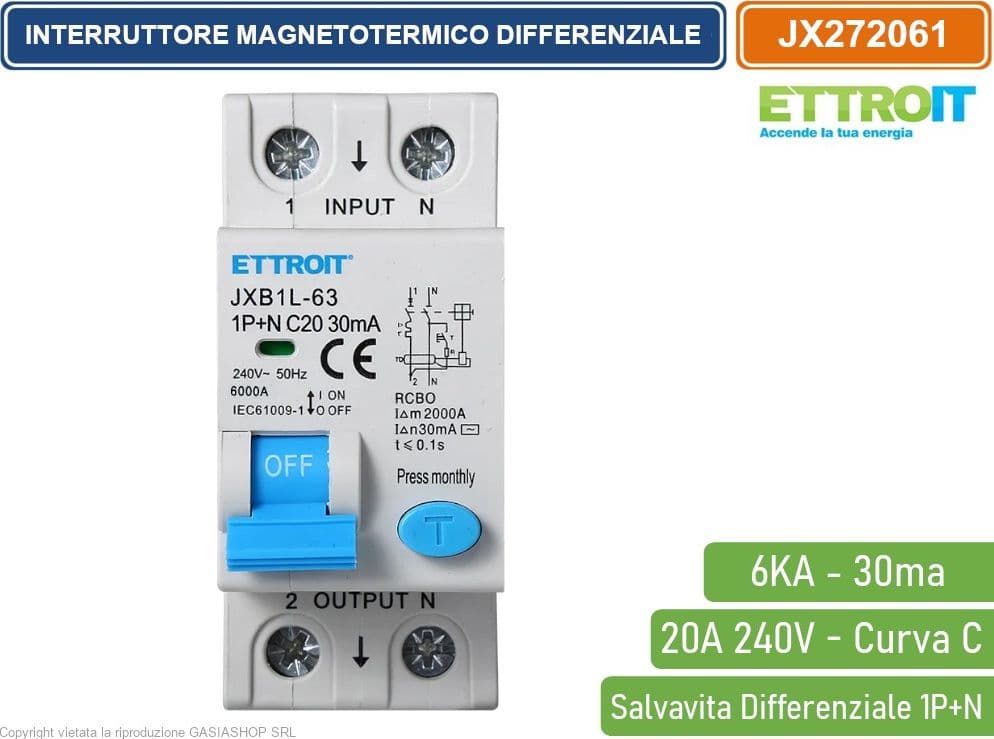 ETTROIT INTERRUTTORE MAGNETOTERMICO DIFFERENZIALE SALVAVITA PER BARRA DIN 2 MODULI 1P+N 20A C20 240V 30mA 6KA - 2