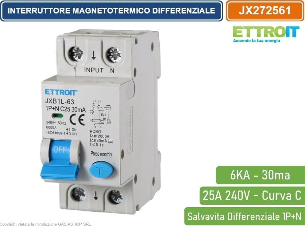ETTROIT INTERRUTTORE MAGNETOTERMICO DIFFERENZIALE SALVAVITA PER BARRA DIN 2 MODULI 1P+N 25A C25 240V 30mA 6KA - 4