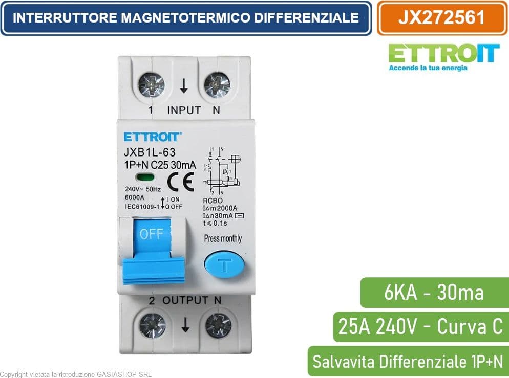 ETTROIT INTERRUTTORE MAGNETOTERMICO DIFFERENZIALE SALVAVITA PER BARRA DIN 2 MODULI 1P+N 25A C25 240V 30mA 6KA - 2
