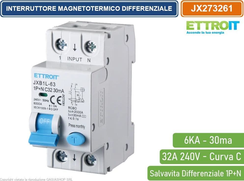 ETTROIT INTERRUTTORE MAGNETOTERMICO DIFFERENZIALE SALVAVITA PER BARRA DIN 2 MODULI 1P+N 32A C32 240V 30mA 6KA - 4
