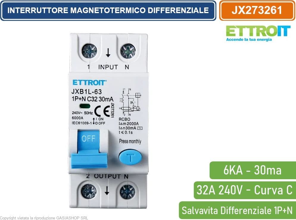 ETTROIT INTERRUTTORE MAGNETOTERMICO DIFFERENZIALE SALVAVITA PER BARRA DIN 2 MODULI 1P+N 32A C32 240V 30mA 6KA - 2