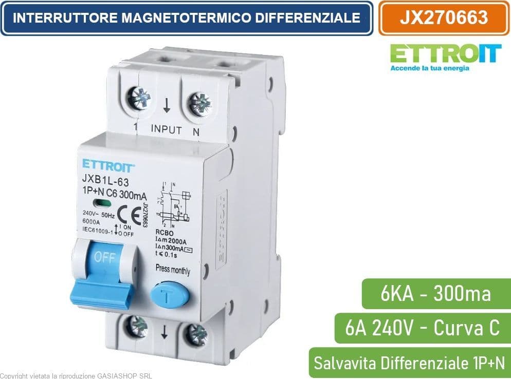 ETTROIT INTERRUTTORE MAGNETOTERMICO DIFFERENZIALE SALVAVITA PER BARRA DIN 2 MODULI 1P+N 6A C6 240V 300mA 6KA - 4