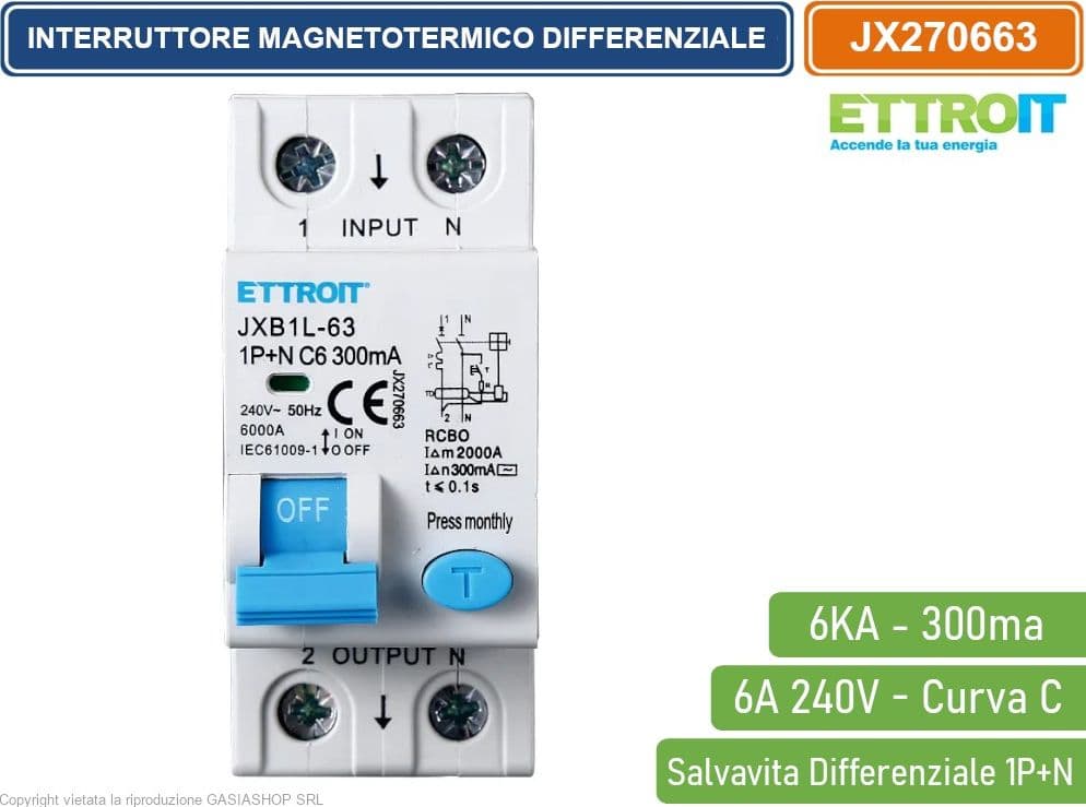ETTROIT INTERRUTTORE MAGNETOTERMICO DIFFERENZIALE SALVAVITA PER BARRA DIN 2 MODULI 1P+N 6A C6 240V 300mA 6KA - 2
