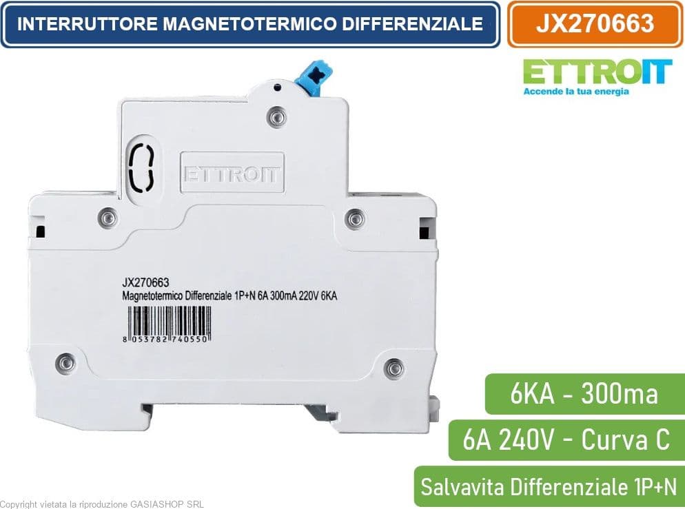 ETTROIT INTERRUTTORE MAGNETOTERMICO DIFFERENZIALE SALVAVITA PER BARRA DIN 2 MODULI 1P+N 6A C6 240V 300mA 6KA - 3