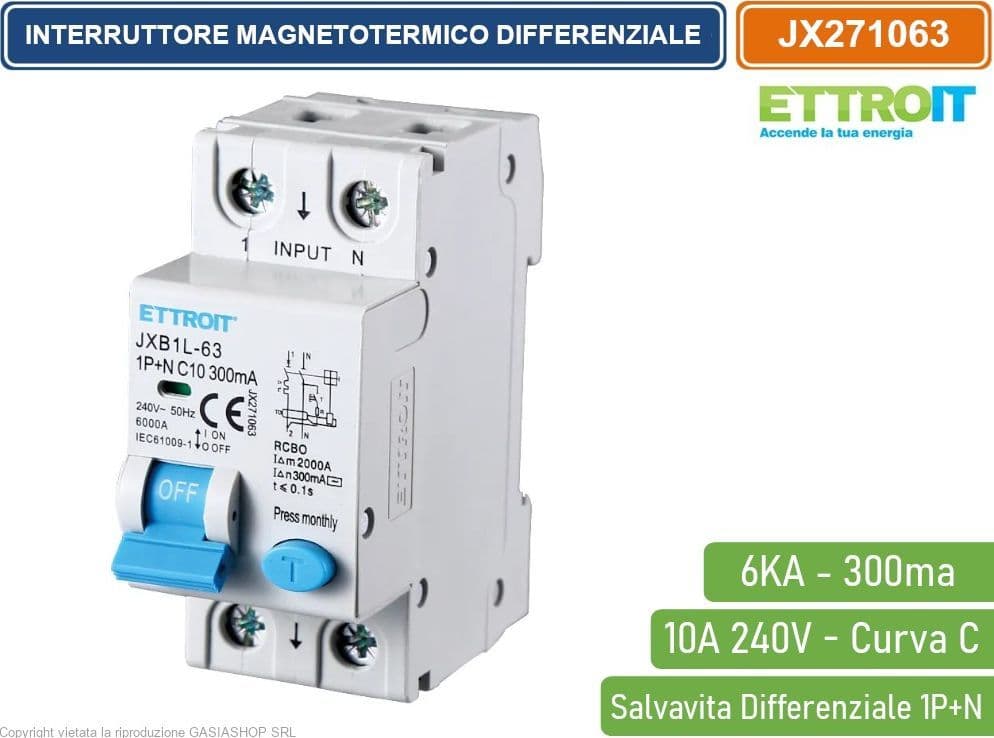 ETTROIT INTERRUTTORE MAGNETOTERMICO DIFFERENZIALE SALVAVITA PER BARRA DIN 2 MODULI 1P+N 10A C10 240V 300mA 6KA - 4