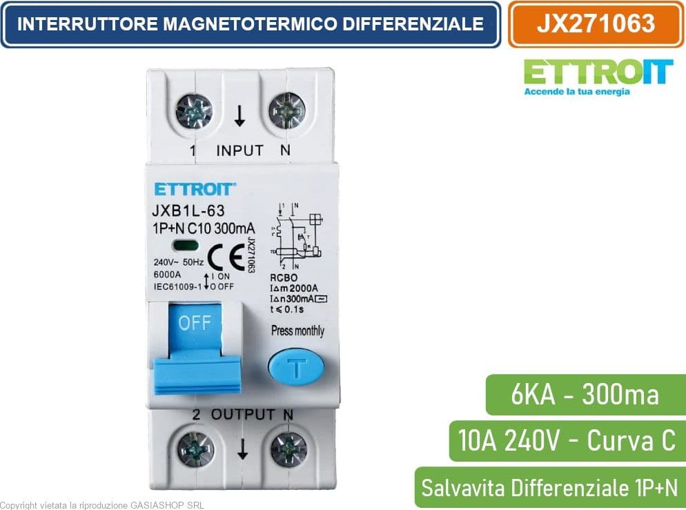 ETTROIT INTERRUTTORE MAGNETOTERMICO DIFFERENZIALE SALVAVITA PER BARRA DIN 2 MODULI 1P+N 10A C10 240V 300mA 6KA - 2