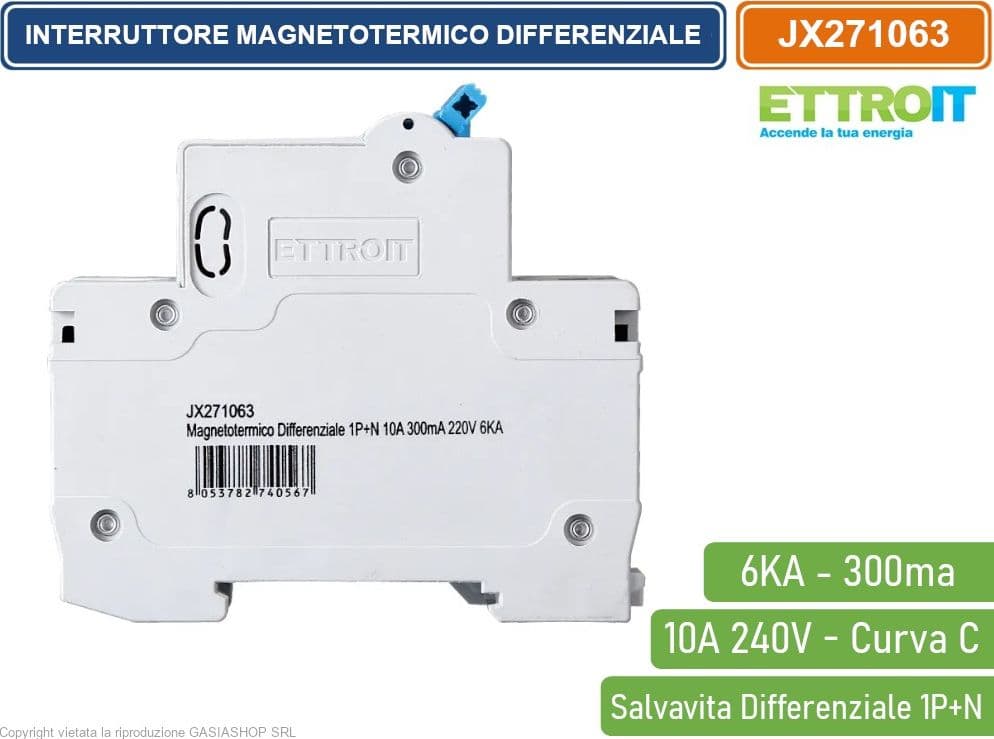 ETTROIT INTERRUTTORE MAGNETOTERMICO DIFFERENZIALE SALVAVITA PER BARRA DIN 2 MODULI 1P+N 10A C10 240V 300mA 6KA - 3