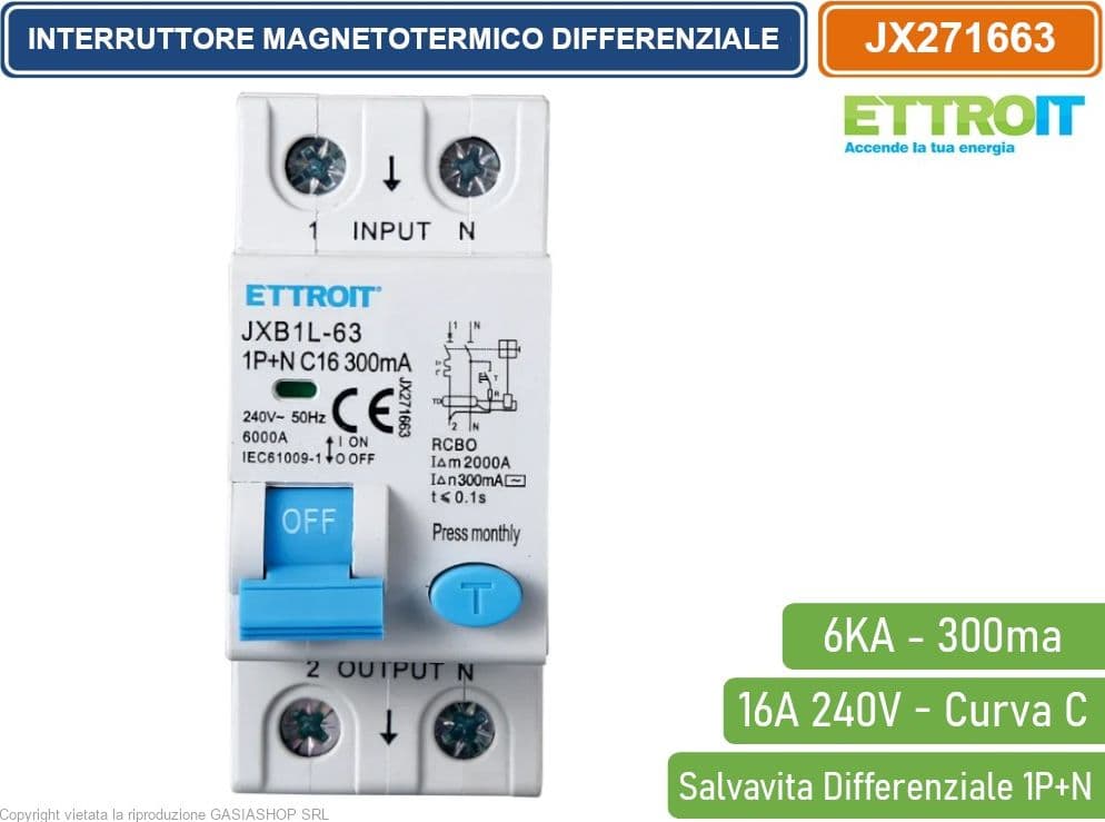 ETTROIT INTERRUTTORE MAGNETOTERMICO DIFFERENZIALE SALVAVITA PER BARRA DIN 2 MODULI 1P+N 16A C16 240V 300mA 6KA - 2