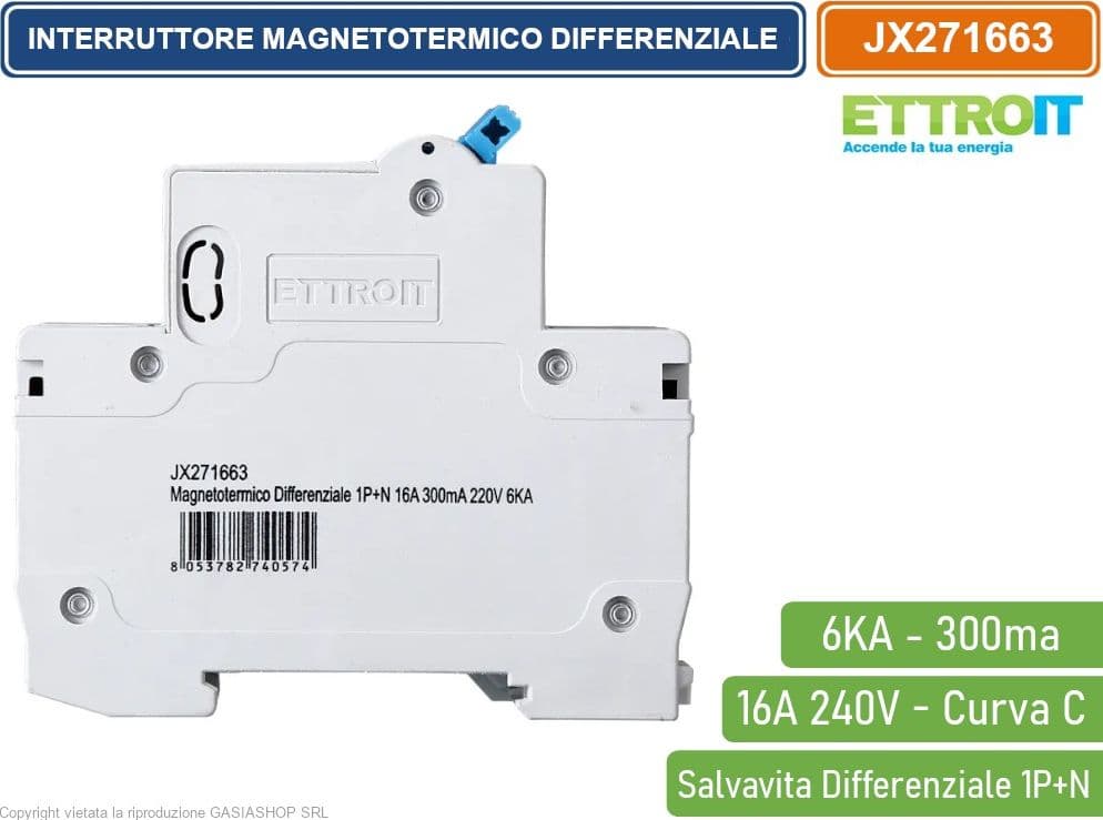 ETTROIT INTERRUTTORE MAGNETOTERMICO DIFFERENZIALE SALVAVITA PER BARRA DIN 2 MODULI 1P+N 16A C16 240V 300mA 6KA - 3