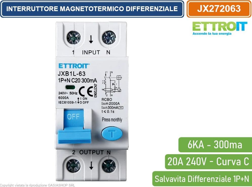 ETTROIT INTERRUTTORE MAGNETOTERMICO DIFFERENZIALE SALVAVITA PER BARRA DIN 2 MODULI 1P+N 20A C20 240V 300mA 6KA - 2