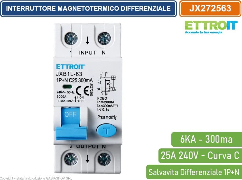 ETTROIT INTERRUTTORE MAGNETOTERMICO DIFFERENZIALE SALVAVITA PER BARRA DIN 2 MODULI 1P+N 25A C25 240V 300mA 6KA - 2