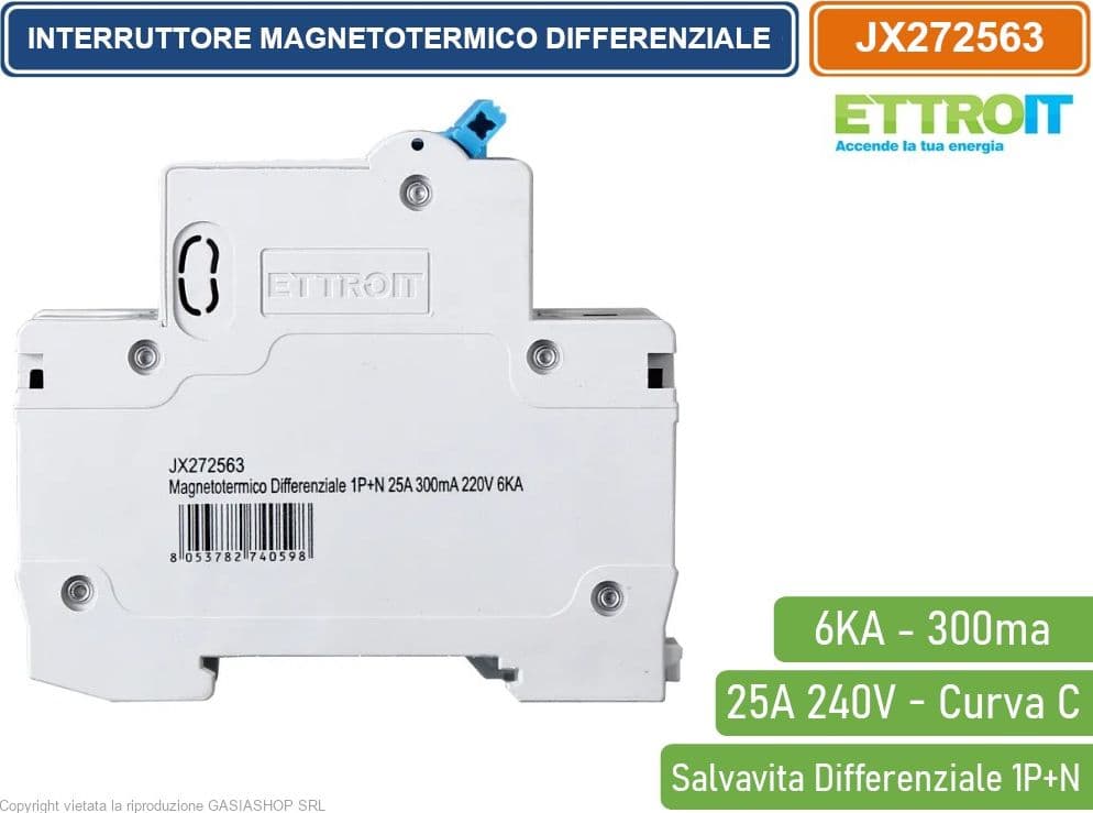 ETTROIT INTERRUTTORE MAGNETOTERMICO DIFFERENZIALE SALVAVITA PER BARRA DIN 2 MODULI 1P+N 25A C25 240V 300mA 6KA - 3