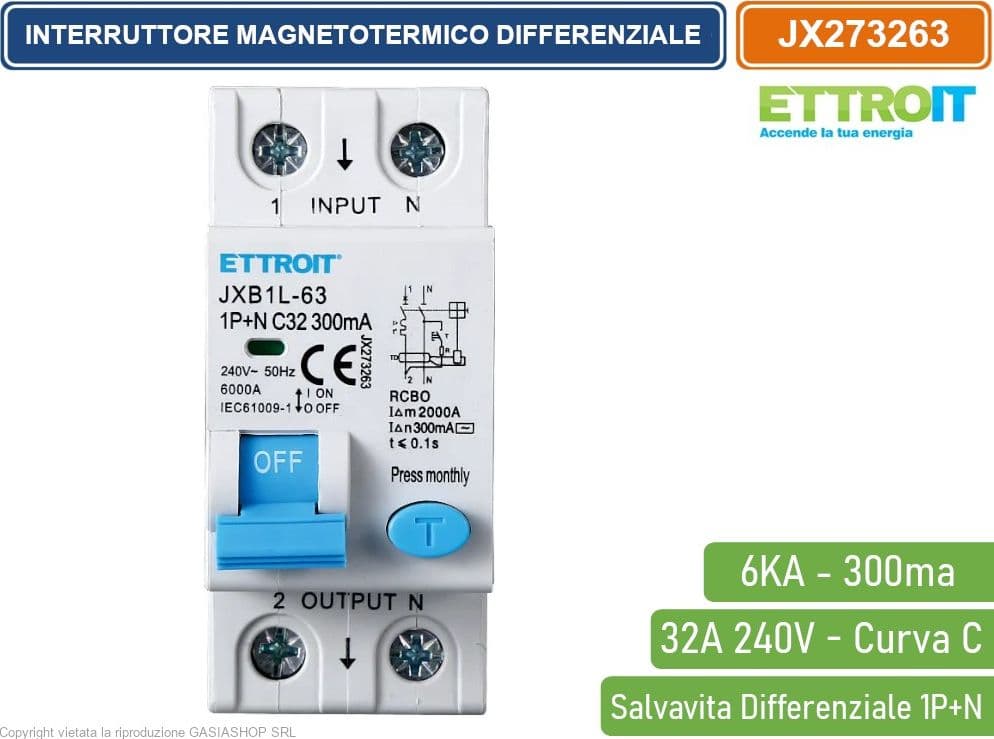 ETTROIT INTERRUTTORE MAGNETOTERMICO DIFFERENZIALE SALVAVITA PER BARRA DIN 2 MODULI 1P+N 32A C32 240V 300mA 6KA - 2