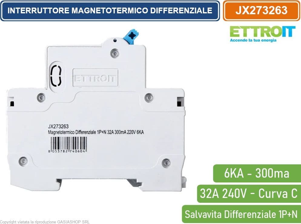 ETTROIT INTERRUTTORE MAGNETOTERMICO DIFFERENZIALE SALVAVITA PER BARRA DIN 2 MODULI 1P+N 32A C32 240V 300mA 6KA - 3