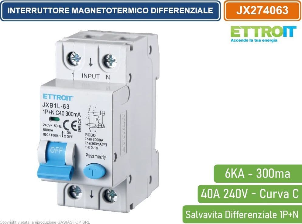 ETTROIT INTERRUTTORE MAGNETOTERMICO DIFFERENZIALE SALVAVITA PER BARRA DIN 2 MODULI 1P+N 40A C40 240V 300mA 6KA - 4