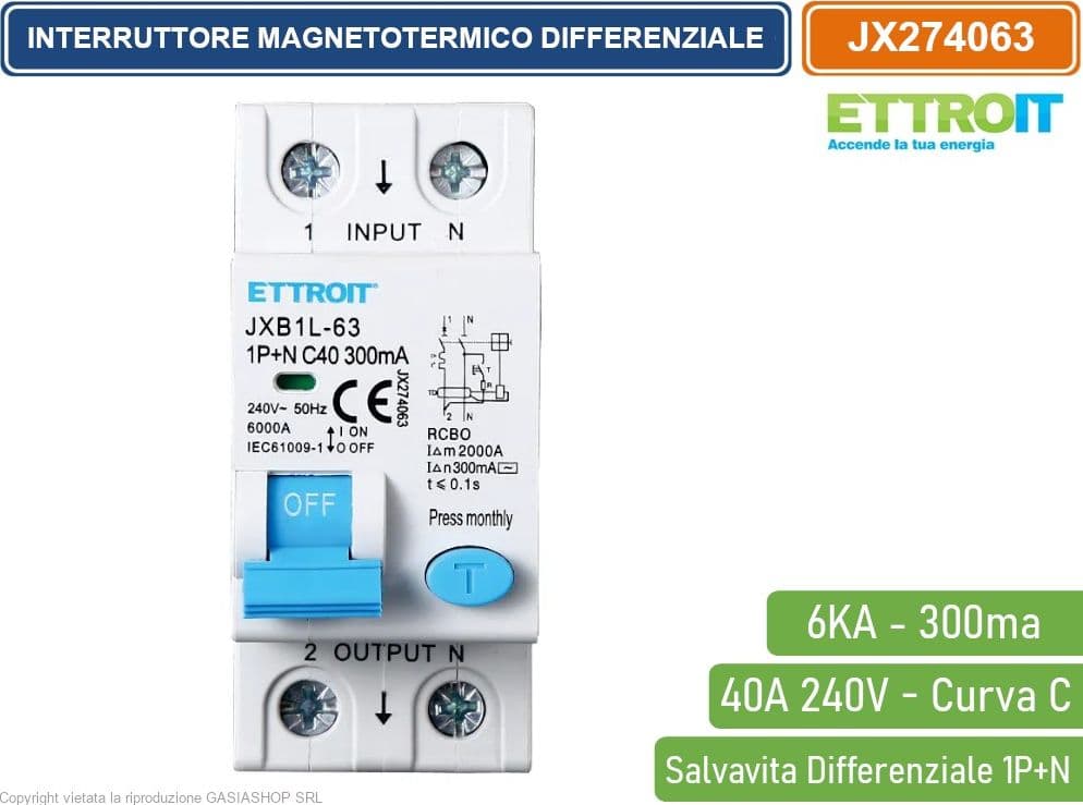 ETTROIT INTERRUTTORE MAGNETOTERMICO DIFFERENZIALE SALVAVITA PER BARRA DIN 2 MODULI 1P+N 40A C40 240V 300mA 6KA - 2