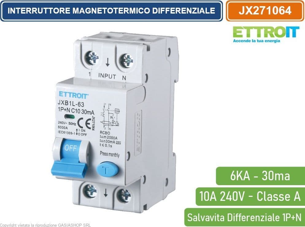 ETTROIT INTERRUTTORE MAGNETOTERMICO DIFFERENZIALE SALVAVITA PER BARRA DIN 2 MODULI 1P+N 10A C10 240V 30mA 6KA CLASSE A - 4