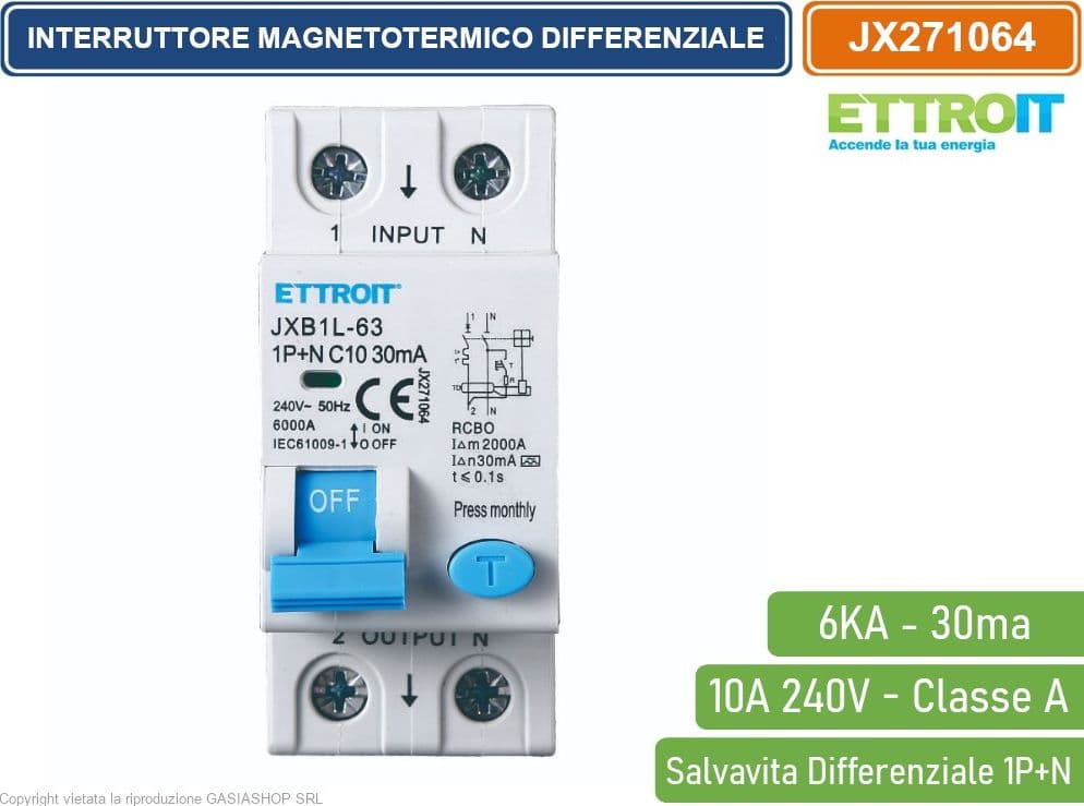 ETTROIT INTERRUTTORE MAGNETOTERMICO DIFFERENZIALE SALVAVITA PER BARRA DIN 2 MODULI 1P+N 10A C10 240V 30mA 6KA CLASSE A - 2
