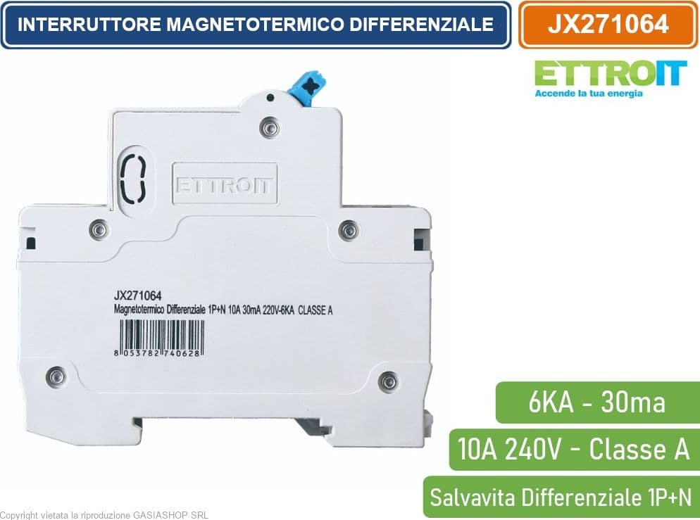 ETTROIT INTERRUTTORE MAGNETOTERMICO DIFFERENZIALE SALVAVITA PER BARRA DIN 2 MODULI 1P+N 10A C10 240V 30mA 6KA CLASSE A - 3