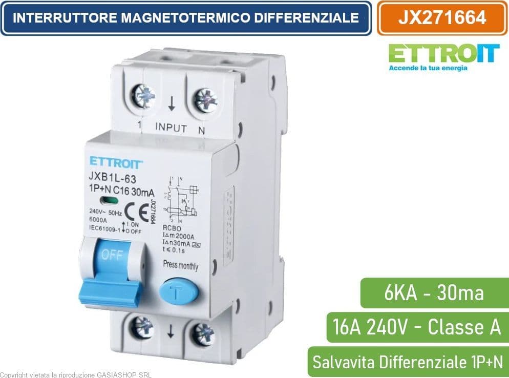 ETTROIT INTERRUTTORE MAGNETOTERMICO DIFFERENZIALE SALVAVITA PER BARRA DIN 2 MODULI 1P+N 16A C16 240V 30mA 6KA CLASSE A - 4