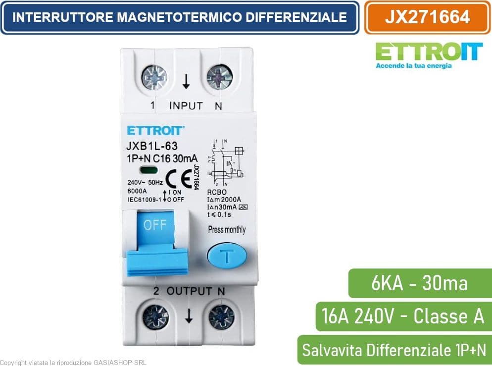 ETTROIT INTERRUTTORE MAGNETOTERMICO DIFFERENZIALE SALVAVITA PER BARRA DIN 2 MODULI 1P+N 16A C16 240V 30mA 6KA CLASSE A - 2