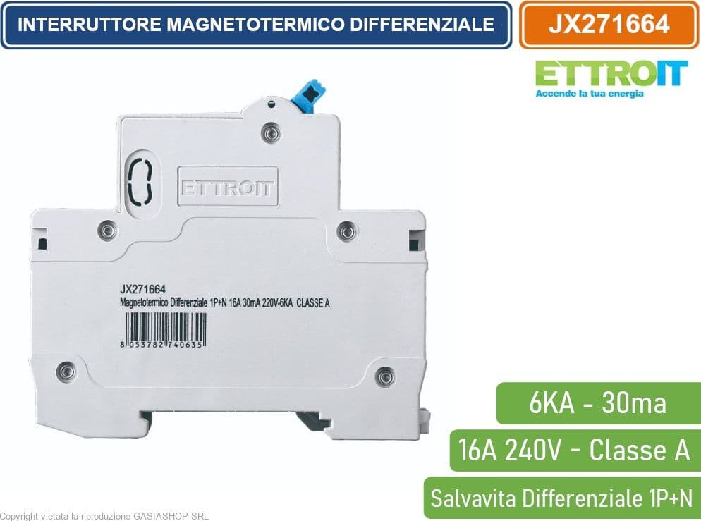 ETTROIT INTERRUTTORE MAGNETOTERMICO DIFFERENZIALE SALVAVITA PER BARRA DIN 2 MODULI 1P+N 16A C16 240V 30mA 6KA CLASSE A - 3