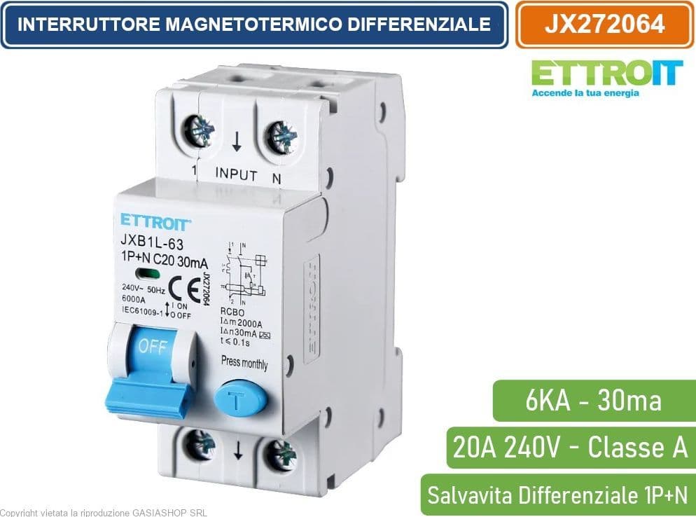 ETTROIT INTERRUTTORE MAGNETOTERMICO DIFFERENZIALE SALVAVITA PER BARRA DIN 2 MODULI 1P+N 20A C20 240V 30mA 6KA CLASSE A - 4