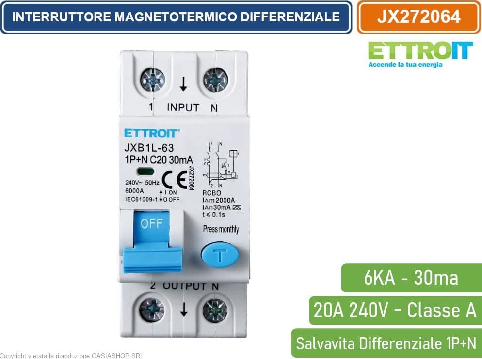 ETTROIT INTERRUTTORE MAGNETOTERMICO DIFFERENZIALE SALVAVITA PER BARRA DIN 2 MODULI 1P+N 20A C20 240V 30mA 6KA CLASSE A - 2