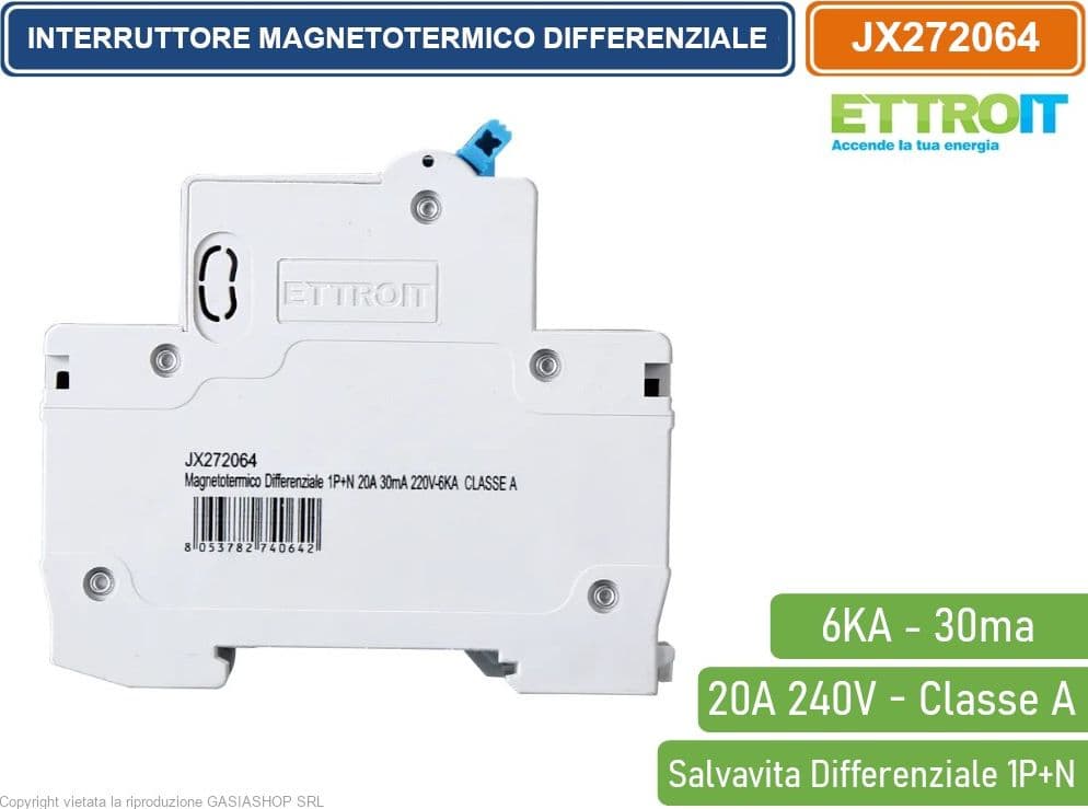 ETTROIT INTERRUTTORE MAGNETOTERMICO DIFFERENZIALE SALVAVITA PER BARRA DIN 2 MODULI 1P+N 20A C20 240V 30mA 6KA CLASSE A - 3