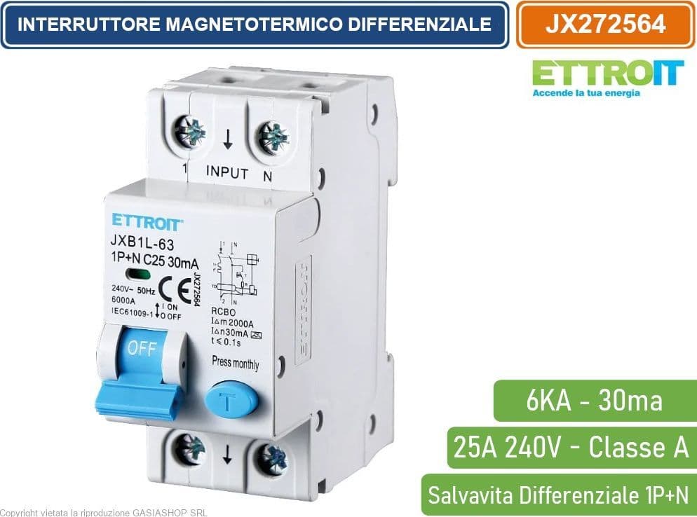 ETTROIT INTERRUTTORE MAGNETOTERMICO DIFFERENZIALE SALVAVITA PER BARRA DIN 2 MODULI 1P+N 25A C25 240V 30mA 6KA CLASSE A - 4