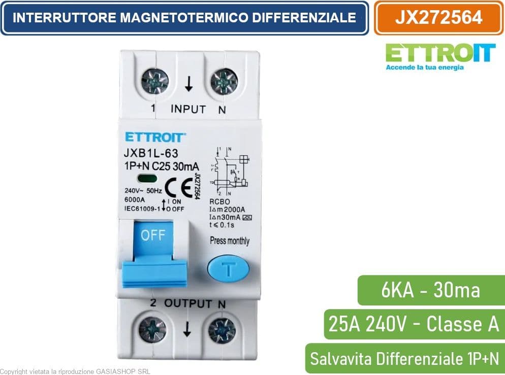 ETTROIT INTERRUTTORE MAGNETOTERMICO DIFFERENZIALE SALVAVITA PER BARRA DIN 2 MODULI 1P+N 25A C25 240V 30mA 6KA CLASSE A - 2