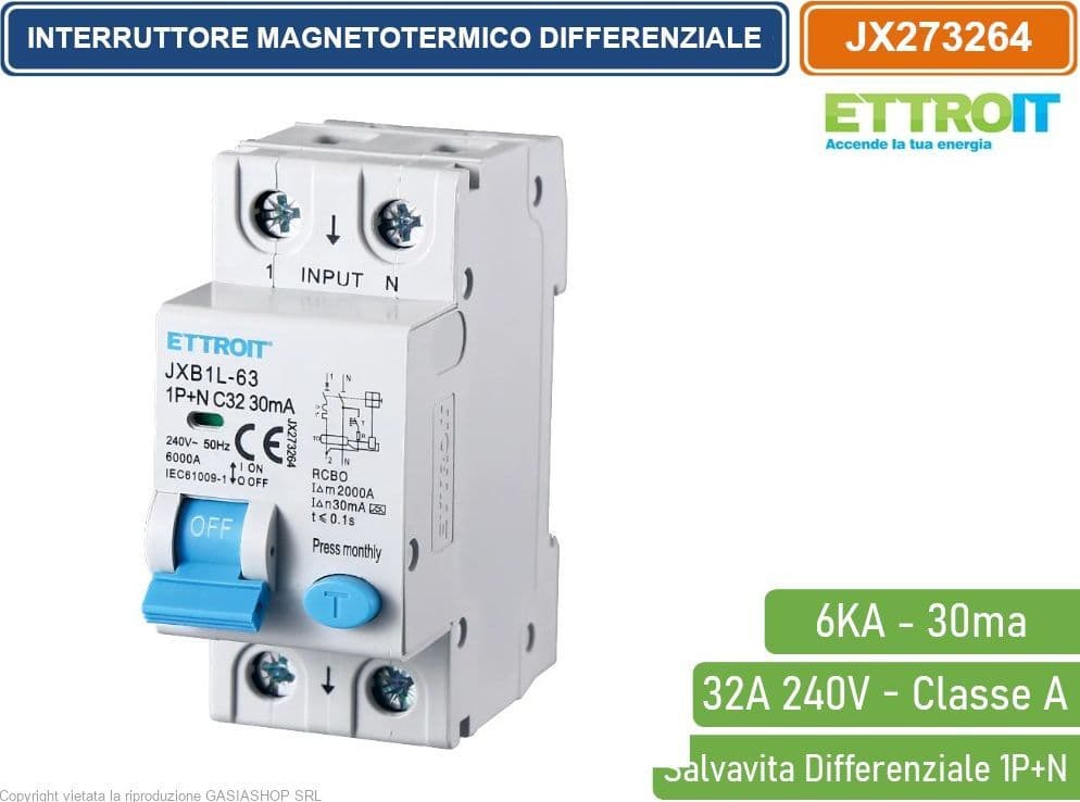 ETTROIT INTERRUTTORE MAGNETOTERMICO DIFFERENZIALE SALVAVITA PER BARRA DIN 2 MODULI 1P+N 32A C32 240V 30mA 6KA CLASSE A - 4