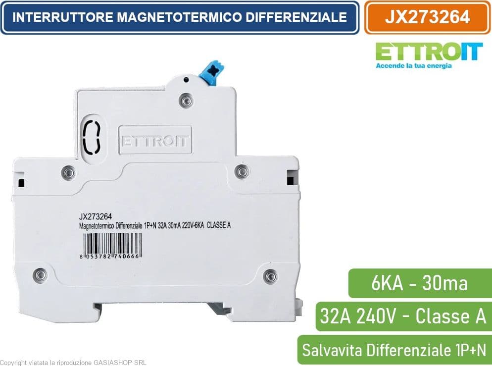 ETTROIT INTERRUTTORE MAGNETOTERMICO DIFFERENZIALE SALVAVITA PER BARRA DIN 2 MODULI 1P+N 32A C32 240V 30mA 6KA CLASSE A - 3