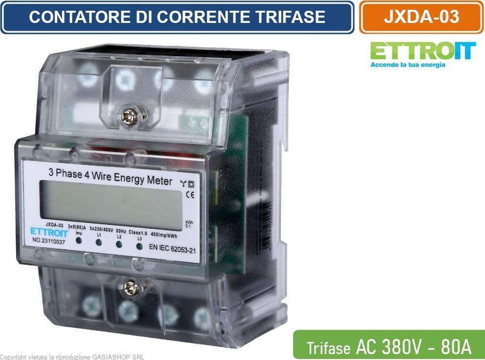 ETTROIT - CONTATORE ENERGIA ELETTRICA TRIFASE SU GUIDA DIN 220V - 380V 5-80A 4 MODULI - 4